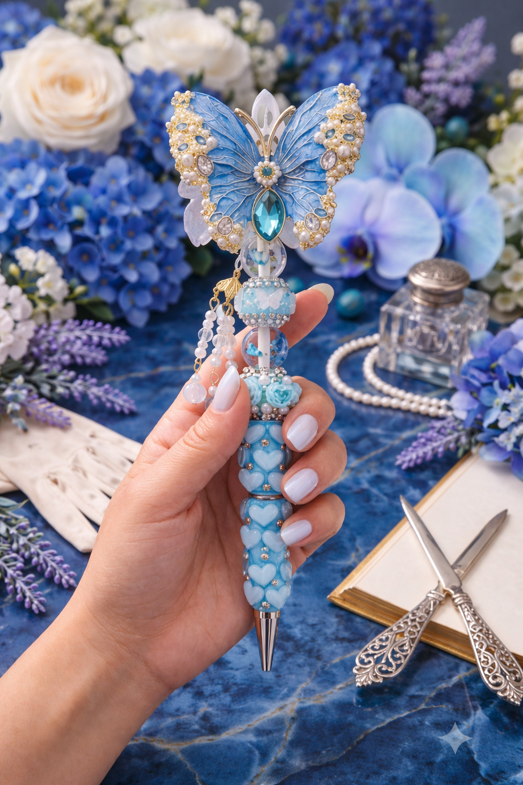 Luxury Blue Butterfly Beaded Pen 💎🦋