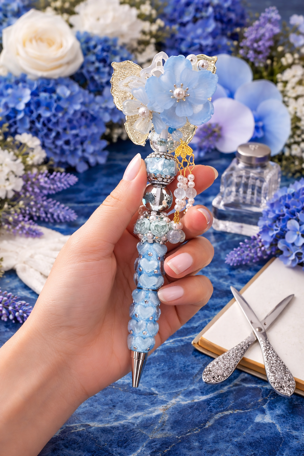 Luxury Blue Butterfly Beaded Pen 💎🦋