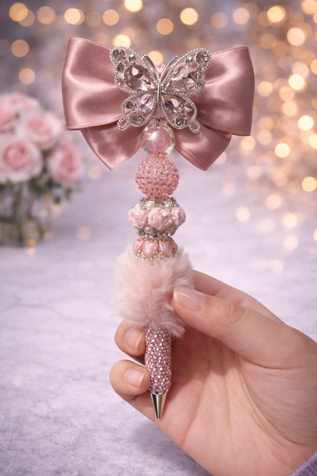 Luxury Pink Butterfly Beaded Pen 🎀