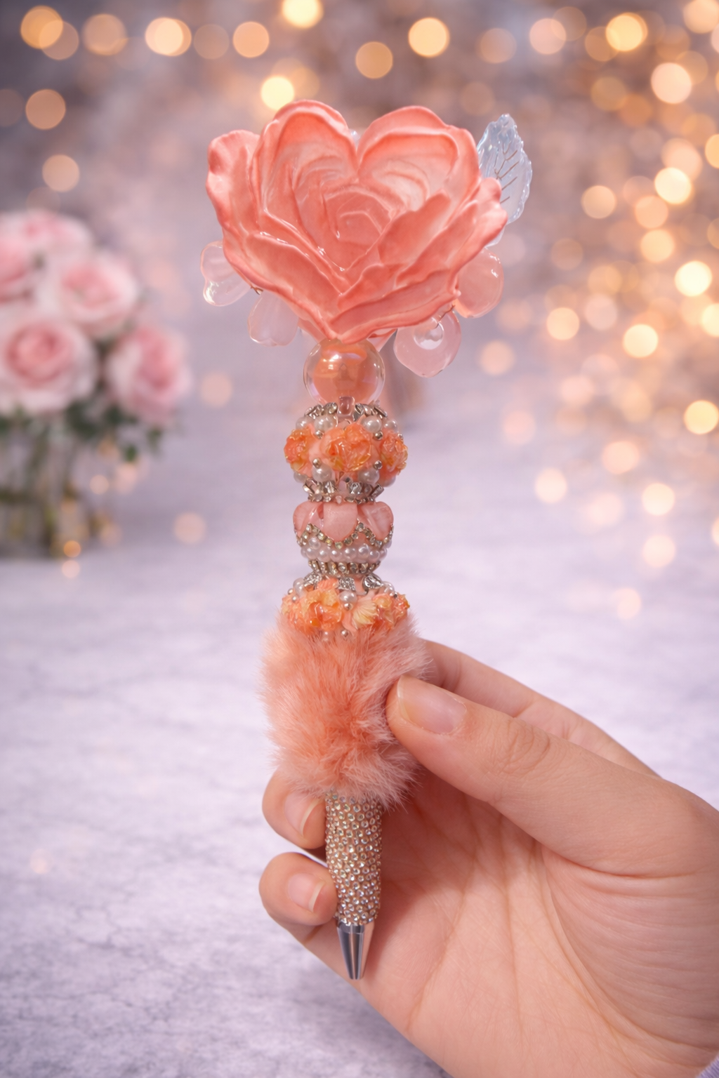 Luxury Peach Rose Beaded Pen