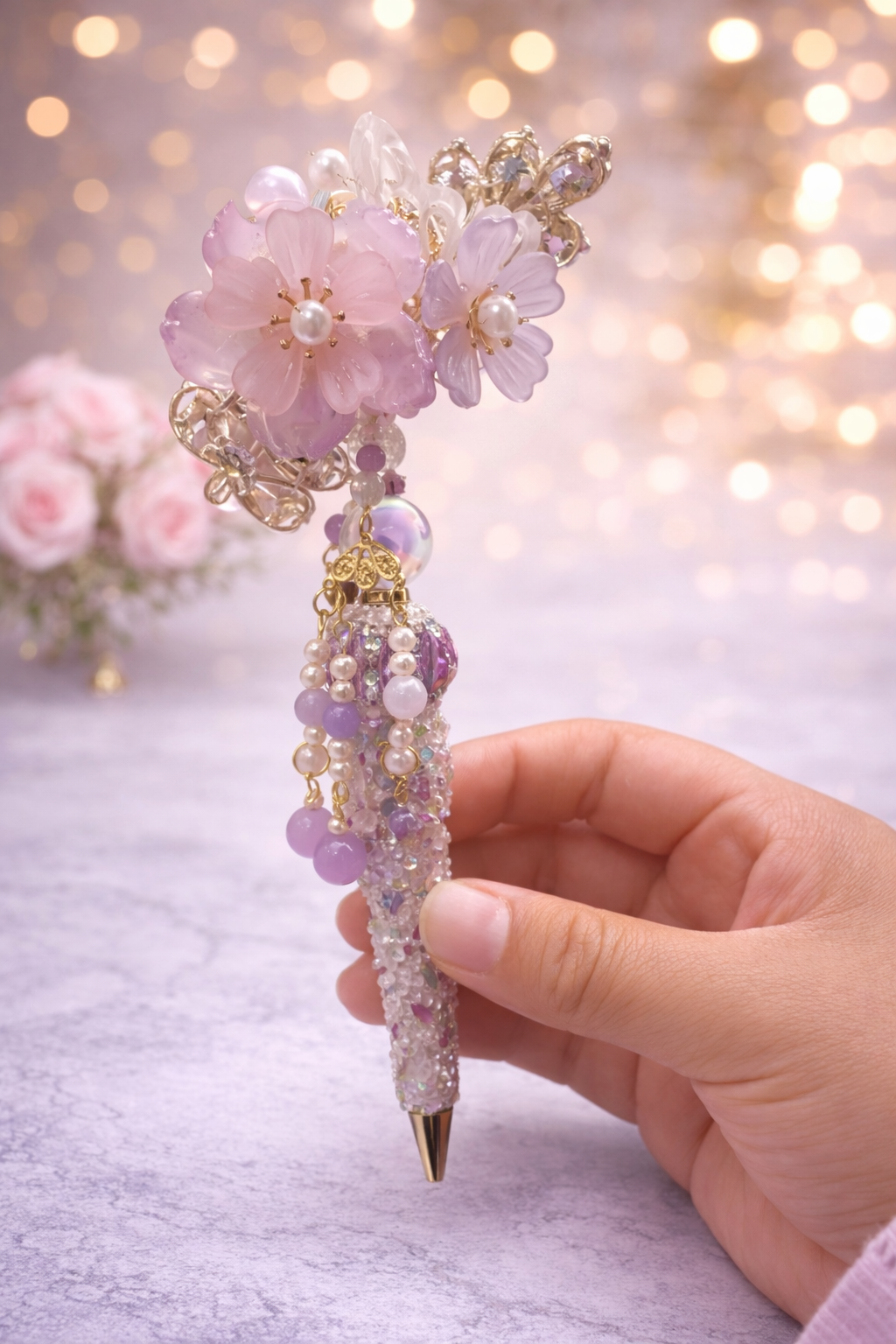 Elegant Blush Floral Crystal Beaded Pen