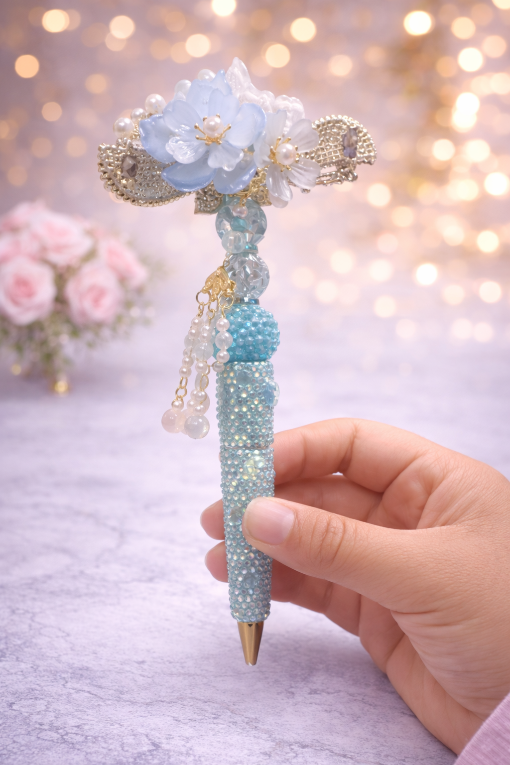 Elegant Aqua Floral Crystal Beaded Pen