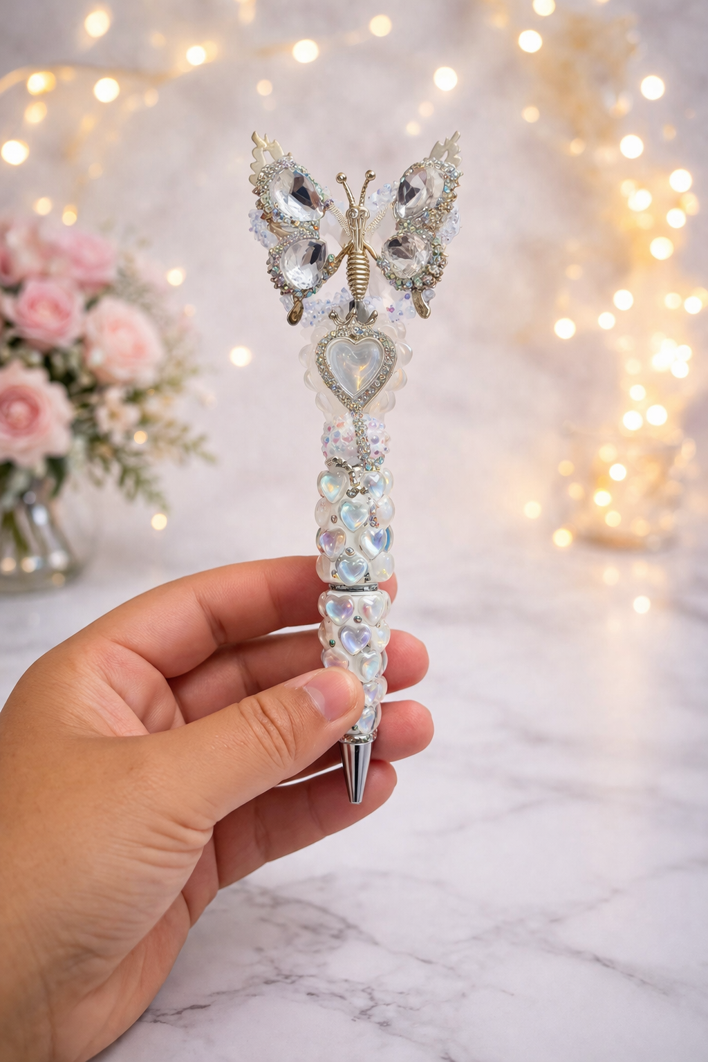 Iridescent Butterfly Heart Beaded Pen