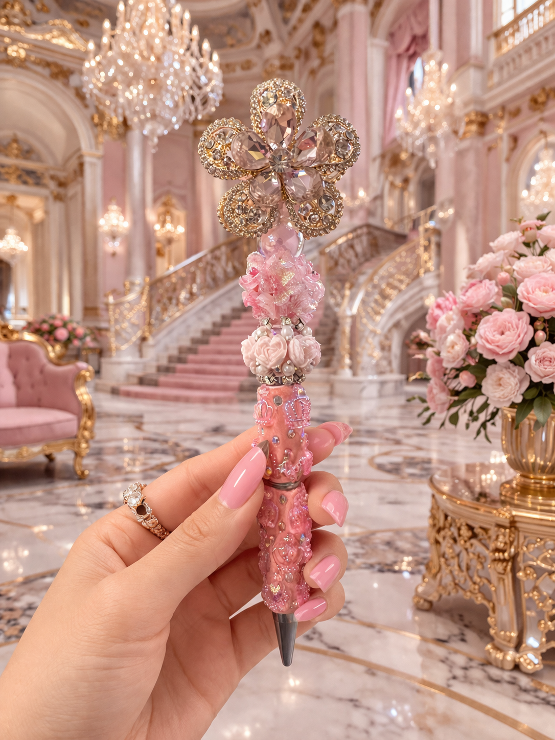 Luxury Pink Crystal Flower Pen